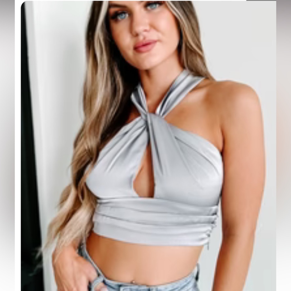 NanaMacs Le Lis Silver Grey Satin Halter Going Out Crop Top NWT Sz S